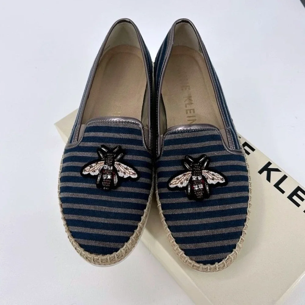 Anne Klein iFlex Blue Striped Beaded Bee Espadrille Loafers Womens 8.5 M Flats